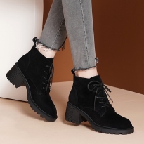 真皮短靴女2025冬季新款马丁靴系带磨砂加绒高跟粗跟女靴子